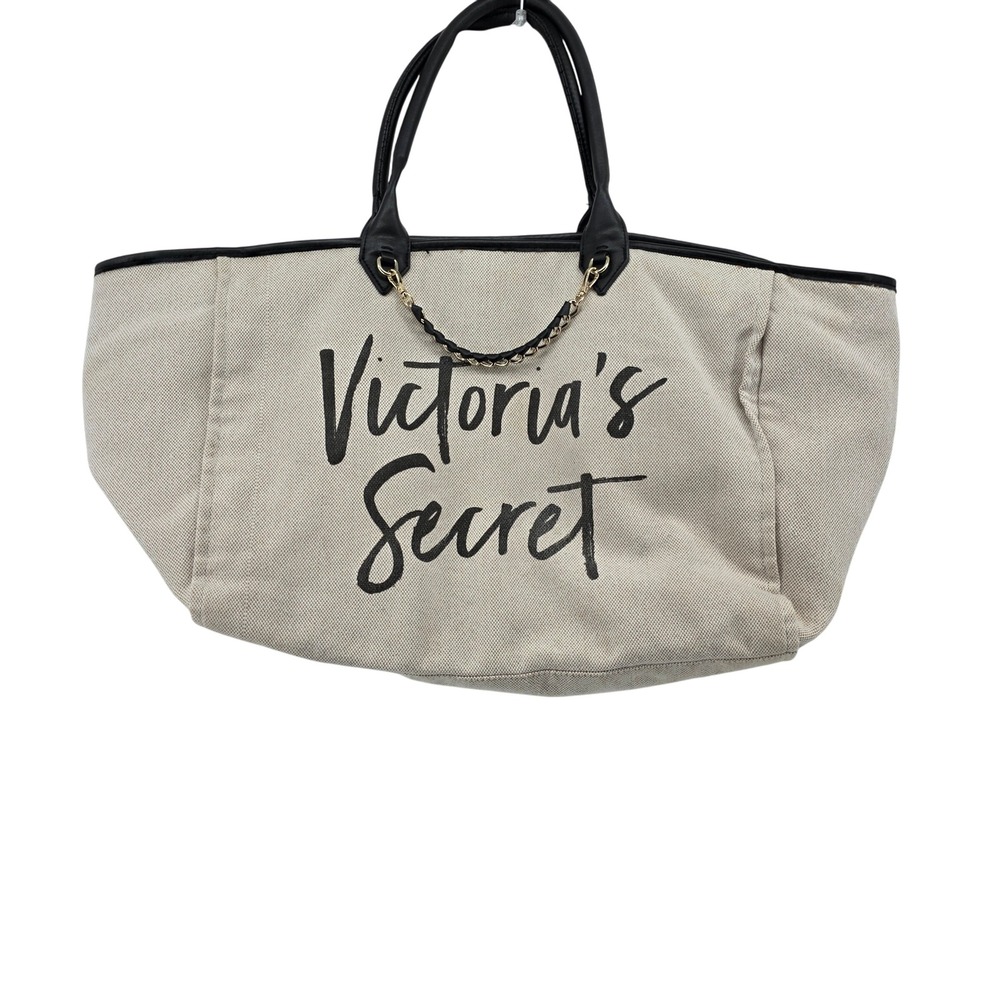 Victoria's Secret Canvas Chain City Tote Bag Beige